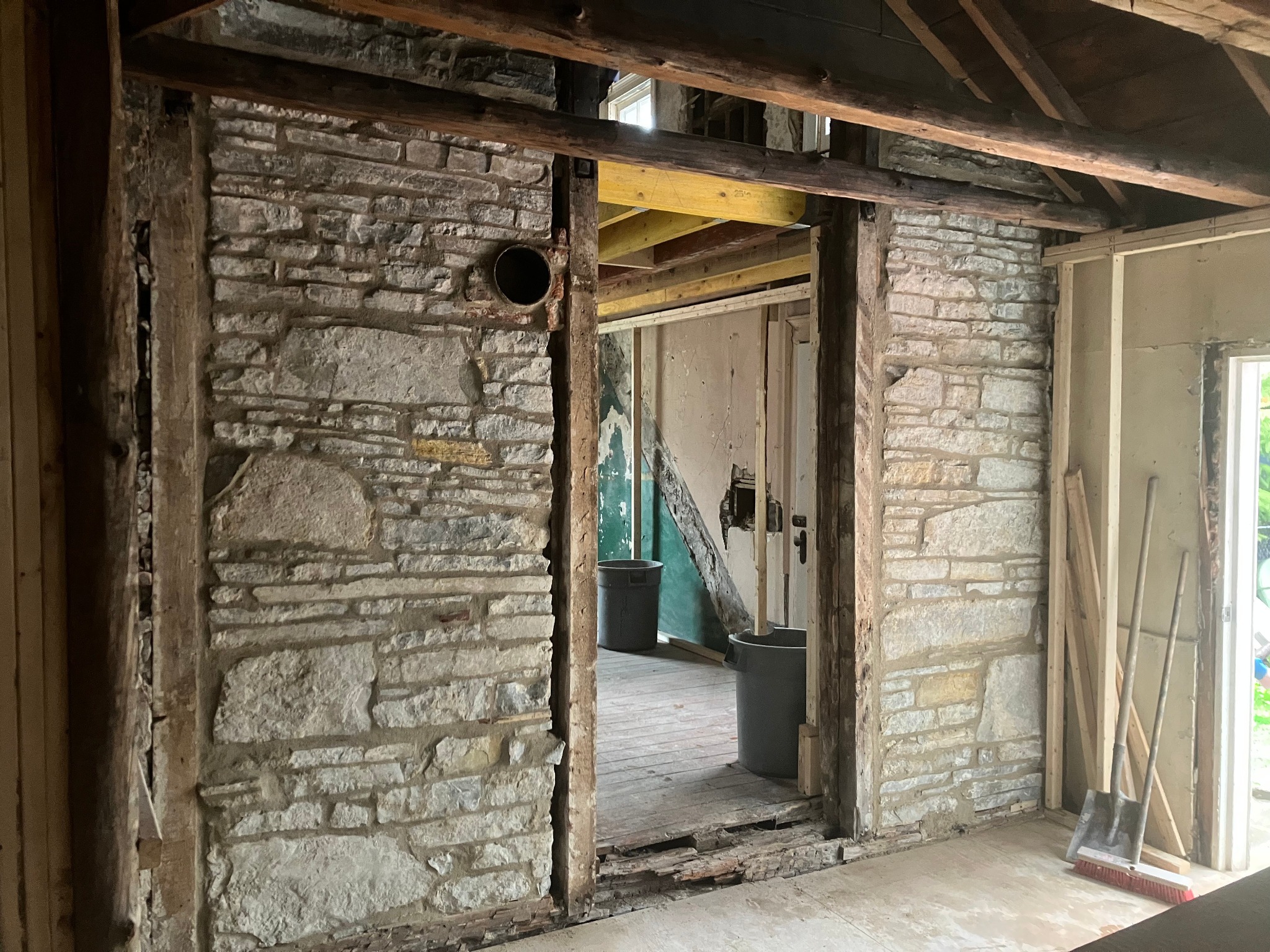 Historic interior limestone masonry exposed during restoration